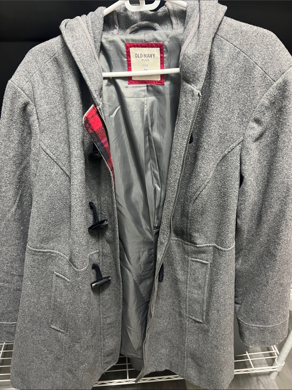 Old Navy Gray Hooded Toggle Pea Coat with Plaid Trim